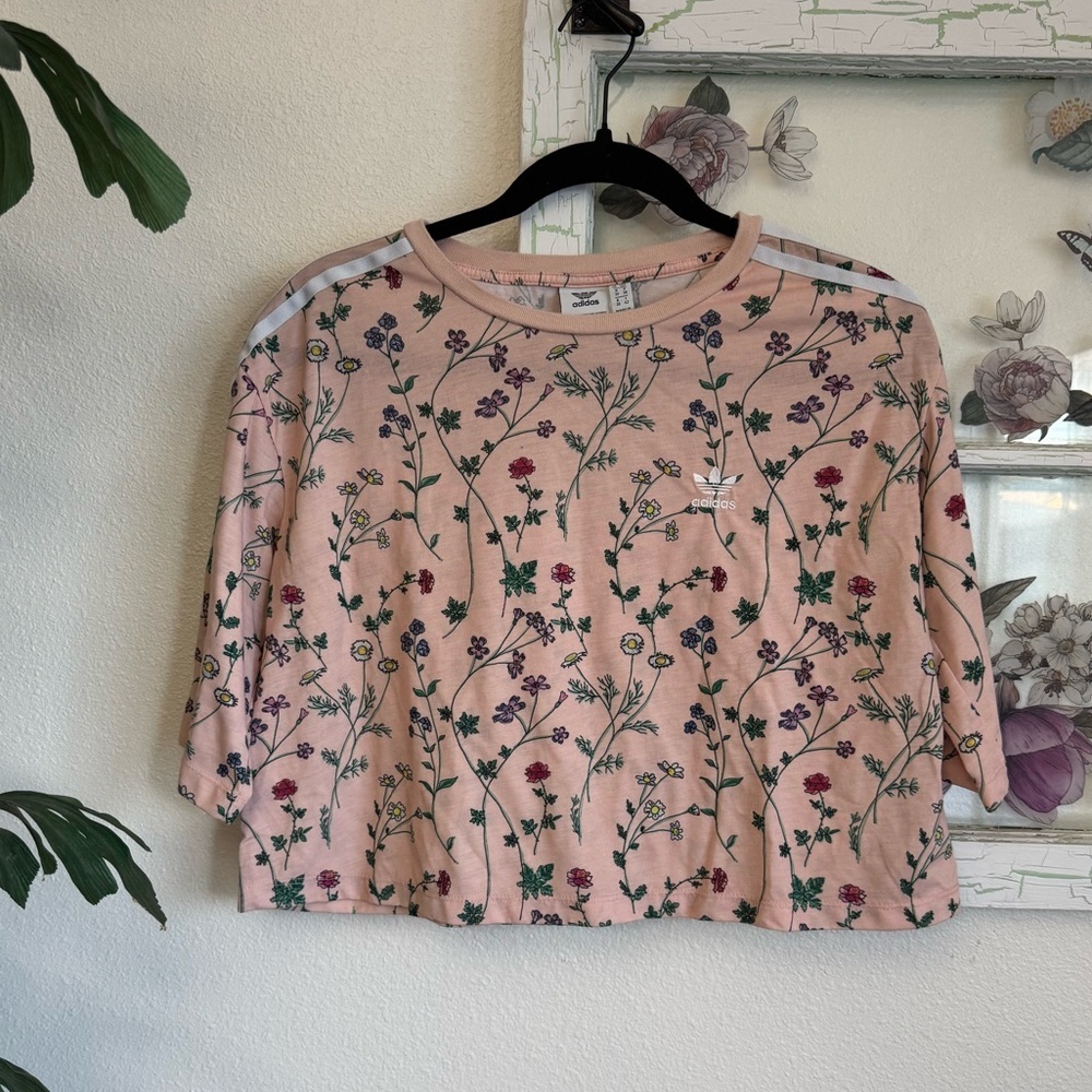 Adidas Floral Cropped Tee Peach Pink Women’s S